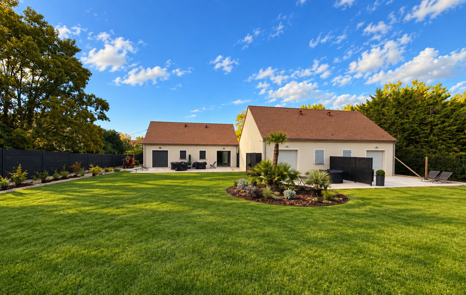 Le jardin des lodges de Larchant vu des deux maisons