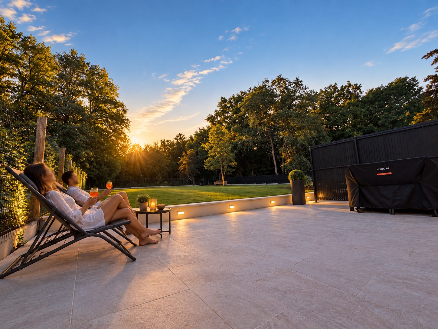 Apéritif au coucher du soleil sur la terrasse des lodges, la forêt en fond
